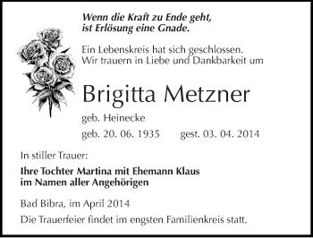 Traueranzeige von Brigitta Metzner von Mitteldeutsche Zeitung Naumburg/Nebra