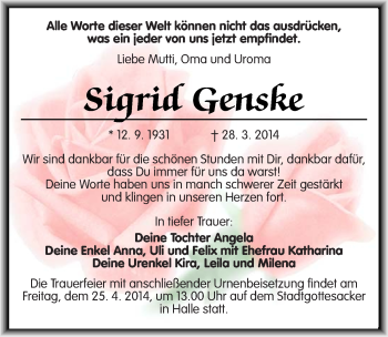 Traueranzeige von Sigrid Genske von Mitteldeutsche Zeitung Halle/Saalkreis