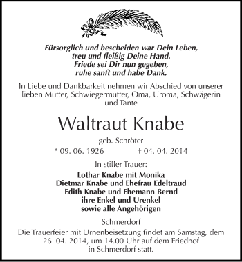 Traueranzeige von Waltraut Knabe von Mitteldeutsche Zeitung Naumburg/Nebra