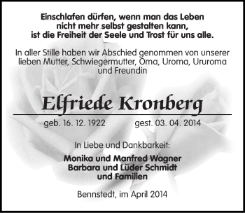 Traueranzeige von Elfriede Kronberg von Mitteldeutsche Zeitung Halle/Saalkreis