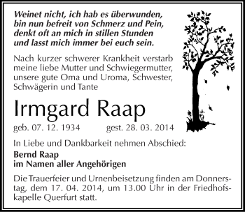 Traueranzeige von Irmgard Raap von Mitteldeutsche Zeitung Merseburg/Querfurt