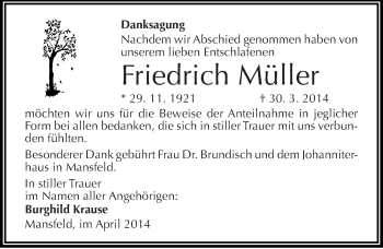 Traueranzeige von Friedrich Müller von Mitteldeutsche Zeitung Mansfelder Land