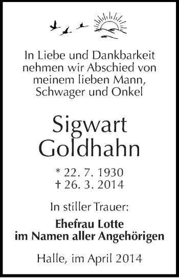Traueranzeige von Sigwart Goldhahn von Mitteldeutsche Zeitung Halle/Saalkreis