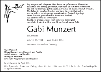 Traueranzeige von Gabi Munzert von Mitteldeutsche Zeitung Sangerhausen