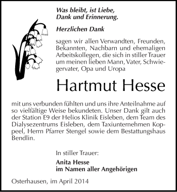 Traueranzeige von Hartmut Hesse von Mitteldeutsche Zeitung Mansfelder Land