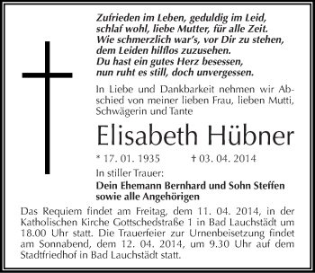 Traueranzeige von Elisabeth Hübner von Mitteldeutsche Zeitung Merseburg/Querfurt
