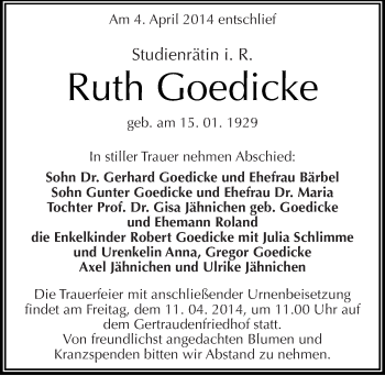 Traueranzeige von Ruth Goedicke von Mitteldeutsche Zeitung Halle/Saalkreis