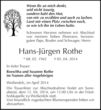Traueranzeige von Hans-Jürgen Rothe von Mitteldeutsche Zeitung Weißenfels