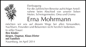 Traueranzeige von Erna Mohrmann von Mitteldeutsche Zeitung Naumburg/Nebra