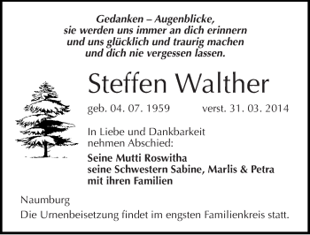 Traueranzeige von Steffen Walther von Mitteldeutsche Zeitung Naumburg/Nebra