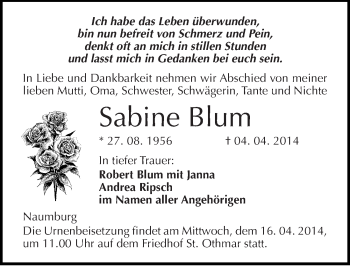 Traueranzeige von Sabine Blum von Mitteldeutsche Zeitung Naumburg/Nebra