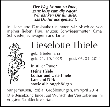 Traueranzeige von Lieselotte Thiele von Mitteldeutsche Zeitung Sangerhausen
