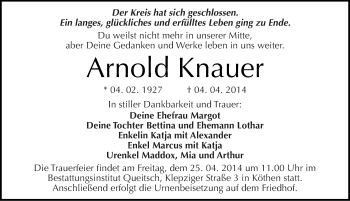 Traueranzeige von Arnold Knauer von Mitteldeutsche Zeitung Köthen