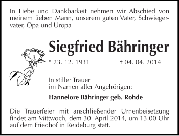 Traueranzeige von Siegfried Bähringer von Mitteldeutsche Zeitung Halle/Saalkreis