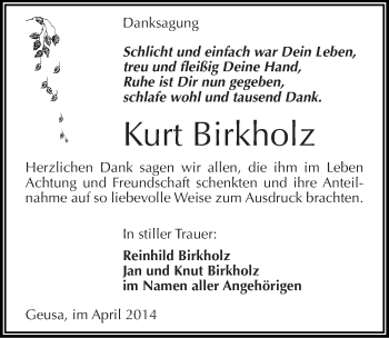 Traueranzeige von Kurt Birkholz von Mitteldeutsche Zeitung Merseburg/Querfurt