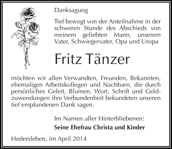 Traueranzeige von Fritz Tänzer von Mitteldeutsche Zeitung Mansfelder Land