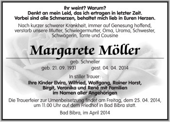 Traueranzeige von Margarete Möller von Mitteldeutsche Zeitung Naumburg/Nebra