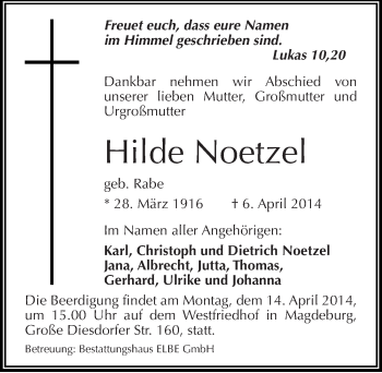 Traueranzeige von Hilde Noetzel von Mitteldeutsche Zeitung