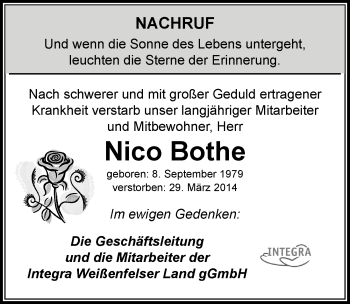 Traueranzeige von Nico Bothe von Mitteldeutsche Zeitung Weißenfels