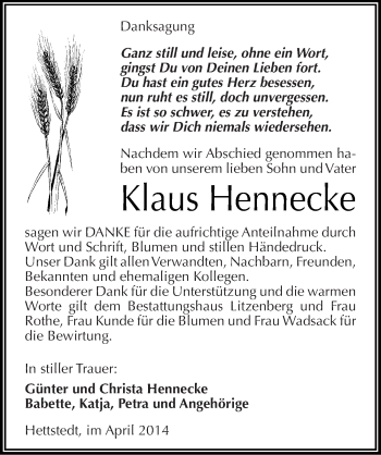 Traueranzeige von Klaus Hennecke von Mitteldeutsche Zeitung Mansfelder Land