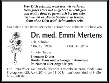 Traueranzeige von Emmi Mertens von Mitteldeutsche Zeitung Halle/Saalkreis