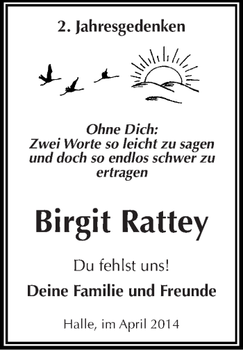 Traueranzeige von Birgit Rattey von Mitteldeutsche Zeitung Halle/Saalkreis