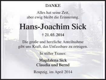 Traueranzeige von Hans-Joachim Sick von Mitteldeutsche Zeitung Köthen