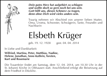 Traueranzeige von Elsbeth Krüger von Mitteldeutsche Zeitung Merseburg/Querfurt