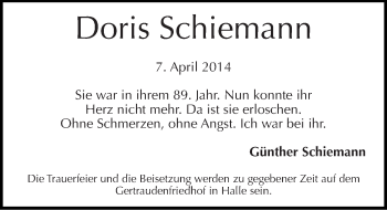 Traueranzeige von Doris Schiemann von Mitteldeutsche Zeitung
