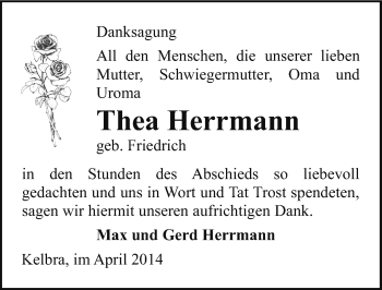 Traueranzeige von Thea Herrmann von Mitteldeutsche Zeitung Sangerhausen