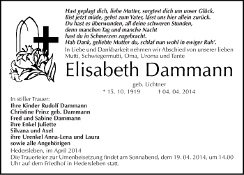 Traueranzeige von Elisabeth Dammann von Mitteldeutsche Zeitung Mansfelder Land