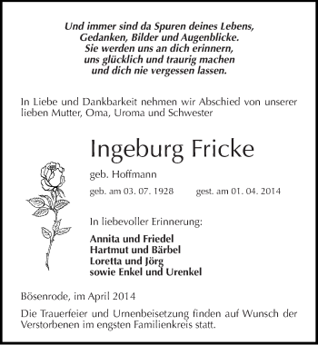 Traueranzeige von Ingeburg Fricke von Mitteldeutsche Zeitung Sangerhausen