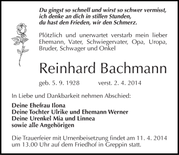 Traueranzeige von Reinhard Bachmann von Mitteldeutsche Zeitung Bitterfeld