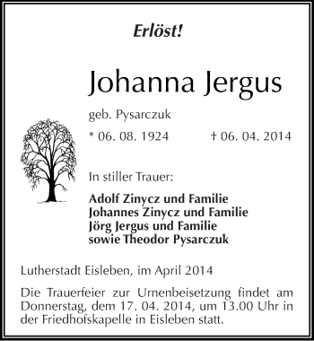 Traueranzeige von Johanna Jergus von Mitteldeutsche Zeitung Mansfelder Land