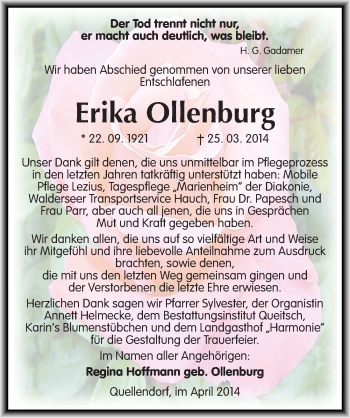 Traueranzeige von Erika Ollenburg von Mitteldeutsche Zeitung Köthen