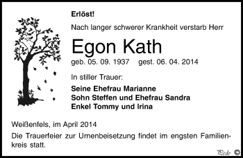 Traueranzeige von Egon Kath von Mitteldeutsche Zeitung Weißenfels