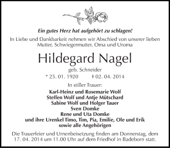 Traueranzeige von Hildegard Nagel von Mitteldeutsche Zeitung Quedlinburg