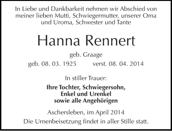 Traueranzeige von Hanna Rennert von Mitteldeutsche Zeitung Aschersleben