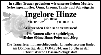 Traueranzeige von Ingelore Hinze von Mitteldeutsche Zeitung Dessau-Roßlau