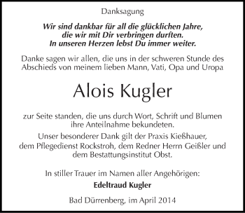 Traueranzeige von Alois Kugler von Mitteldeutsche Zeitung Merseburg/Querfurt