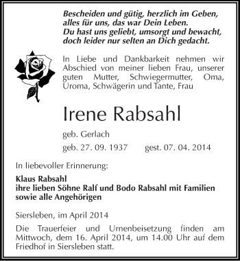 Traueranzeige von Irene Rabsahl von Mitteldeutsche Zeitung Mansfelder Land