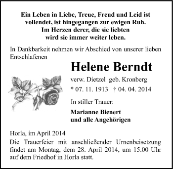 Traueranzeige von Helene Berndt von Mitteldeutsche Zeitung Sangerhausen