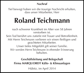 Traueranzeige von Roland Teichmann von Mitteldeutsche Zeitung Mansfelder Land