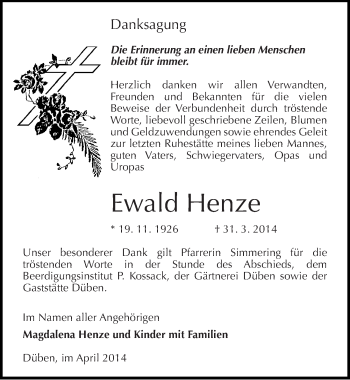Traueranzeige von Ewald Henze von Mitteldeutsche Zeitung Wittenberg