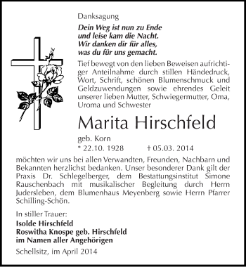 Traueranzeige von Marita Hirschfeld von Mitteldeutsche Zeitung Naumburg/Nebra