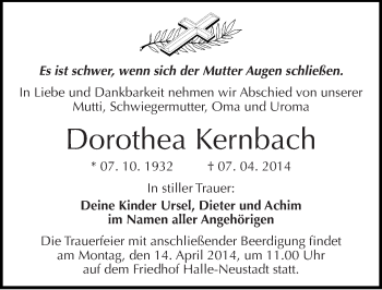 Traueranzeige von Dorothea Kernbach von Mitteldeutsche Zeitung Halle/Saalkreis