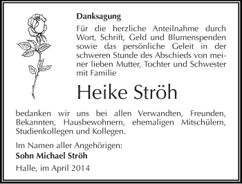 Traueranzeige von Heike Ströh von Mitteldeutsche Zeitung Halle/Saalkreis