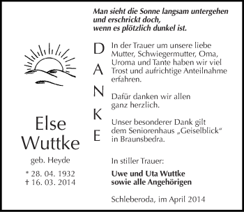Traueranzeige von Else Wuttke von Mitteldeutsche Zeitung Naumburg/Nebra