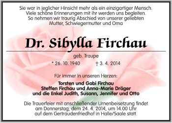 Traueranzeige von Sibylla Firchau von Mitteldeutsche Zeitung