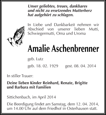 Traueranzeige von Amalie Aschenbrenner von Mitteldeutsche Zeitung Mansfelder Land
